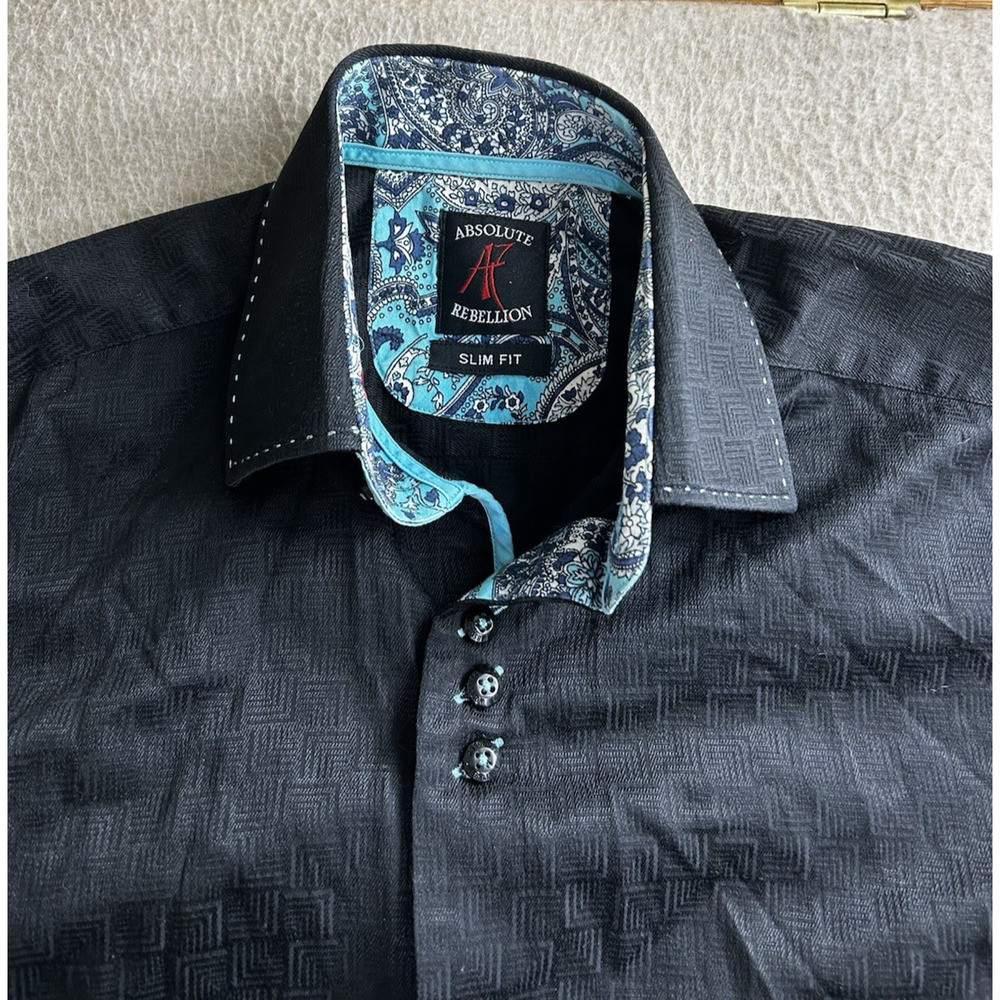 Men's Absolute Rebellion Slim Fit Black Button Front Shirt Sz Small Textured - Picture 3 of 9